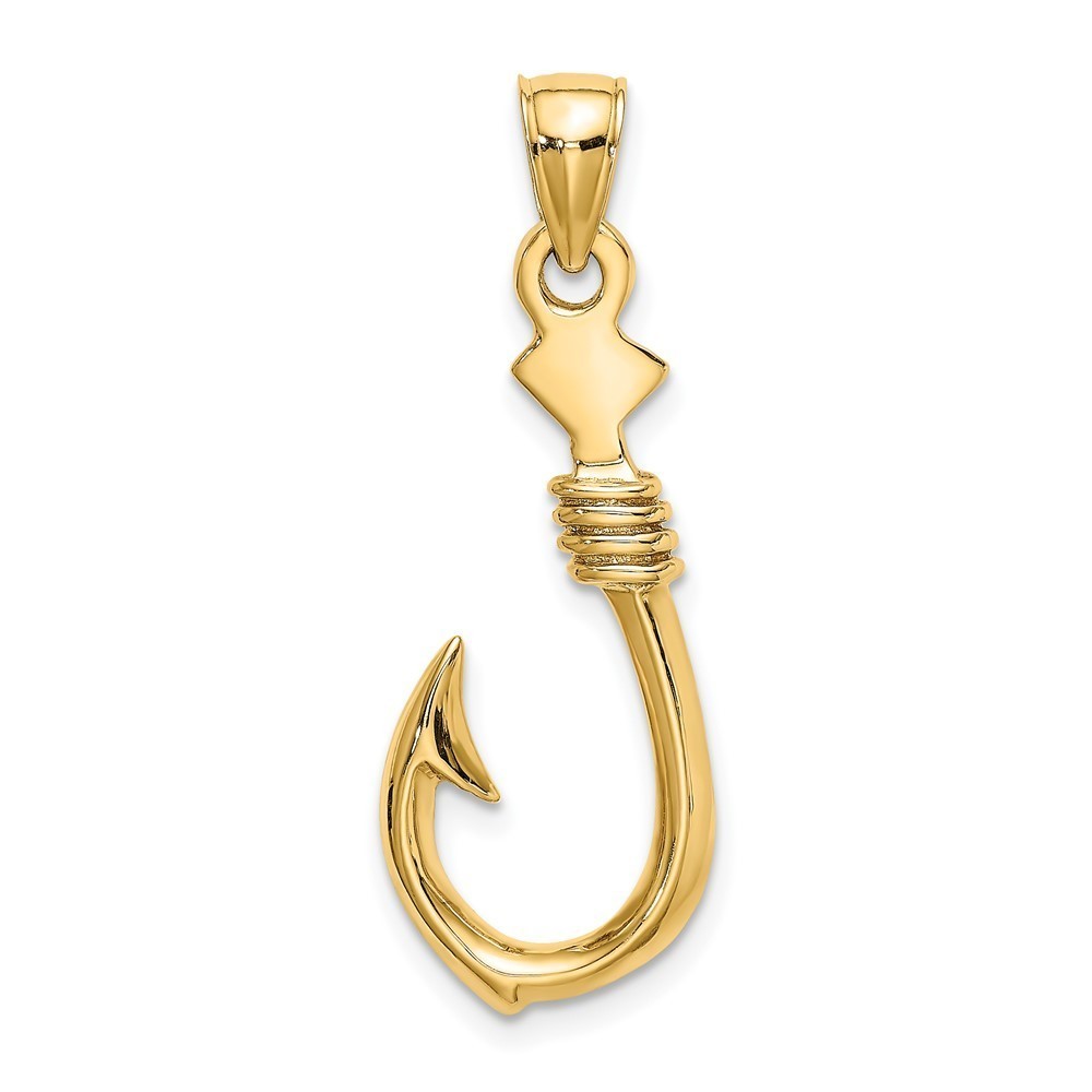 10k Yellow Gold 3-D Large Fish Hook with Rope Necklace Charm Pendant